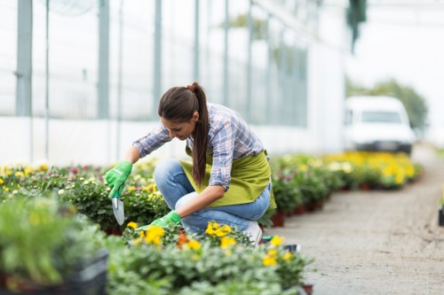 Team members following a health and safety policy in a garden setting